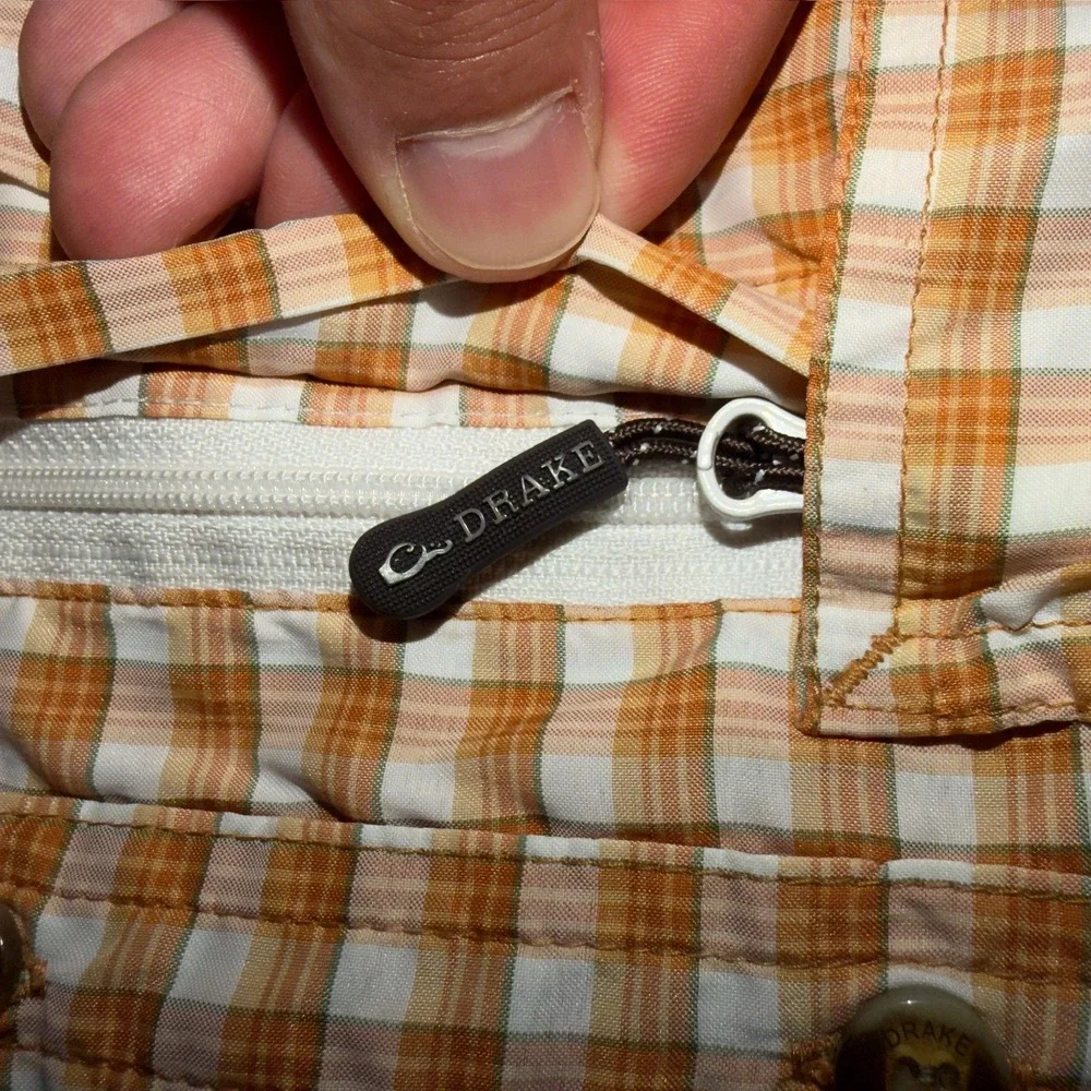 Drake Clothing Company Mens XL Orange Plaid Short Sleeve Vented Fishing Shirt